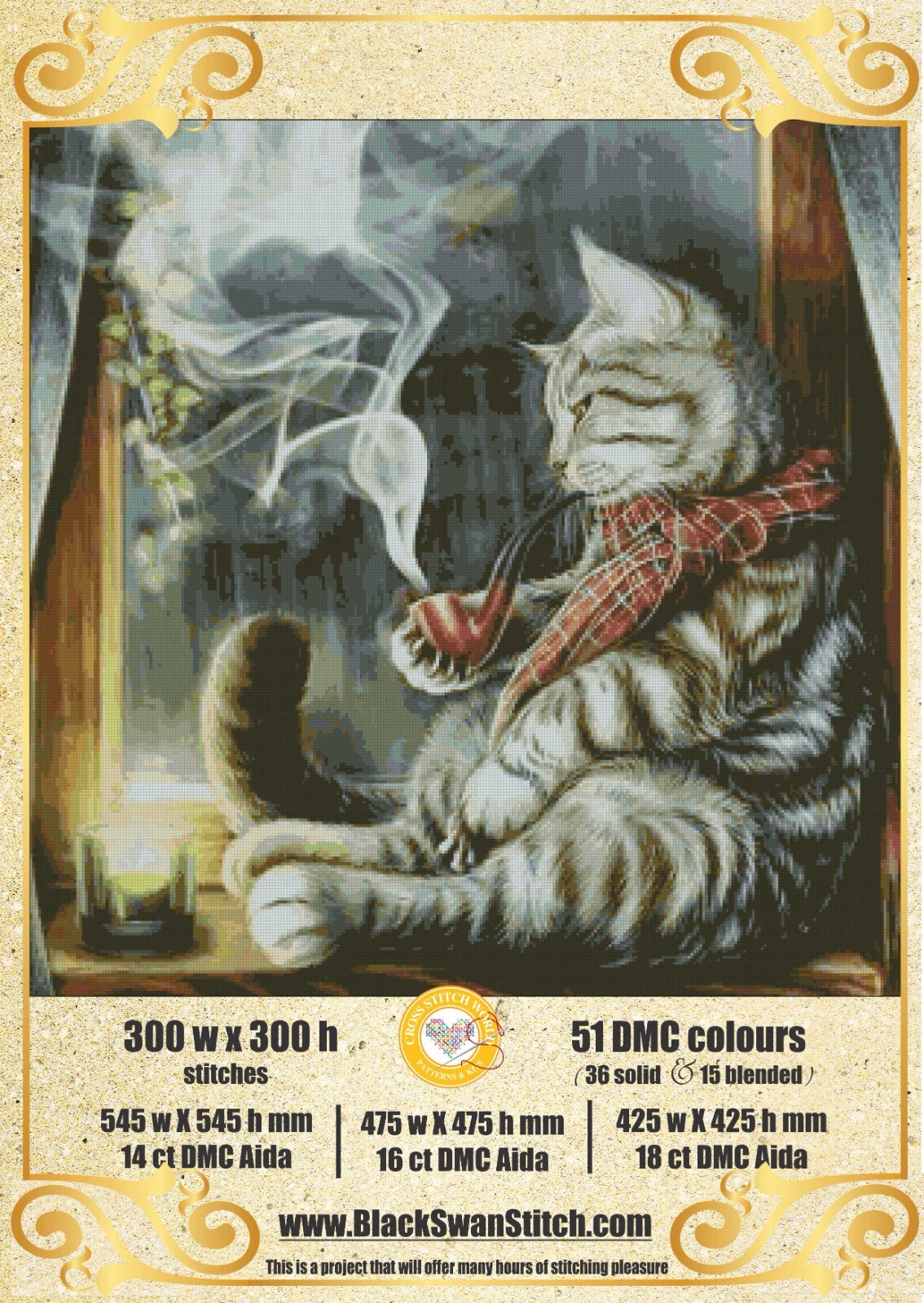 Cat Smoking Cigar 218 - Chart Counted Cross Stitch Pattern Needlework