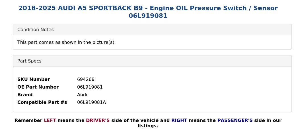2018-2025 AUDI A5 SPORTBACK B9 - Engine OIL Pressure Switch / Sensor 06L919081