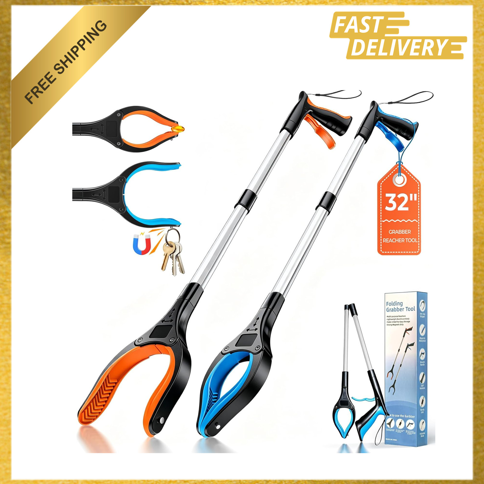 32 Inch Reacher Grabber Tool Pack of 2 Heavy Duty Folding Pick Up Assist Devices