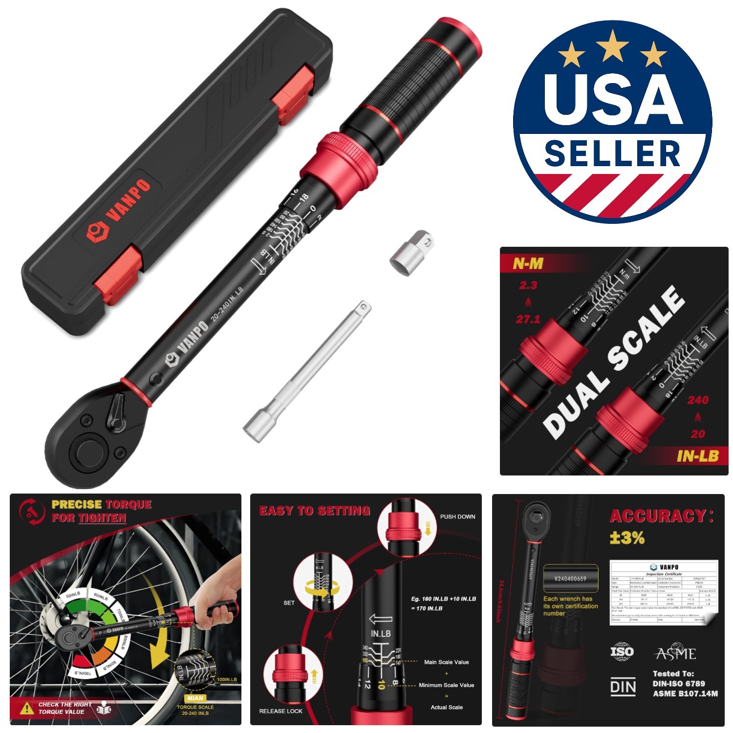 Durable Aluminum Click Torque Wrench Set, 1/4-inch Drive, for MTB Maintenance