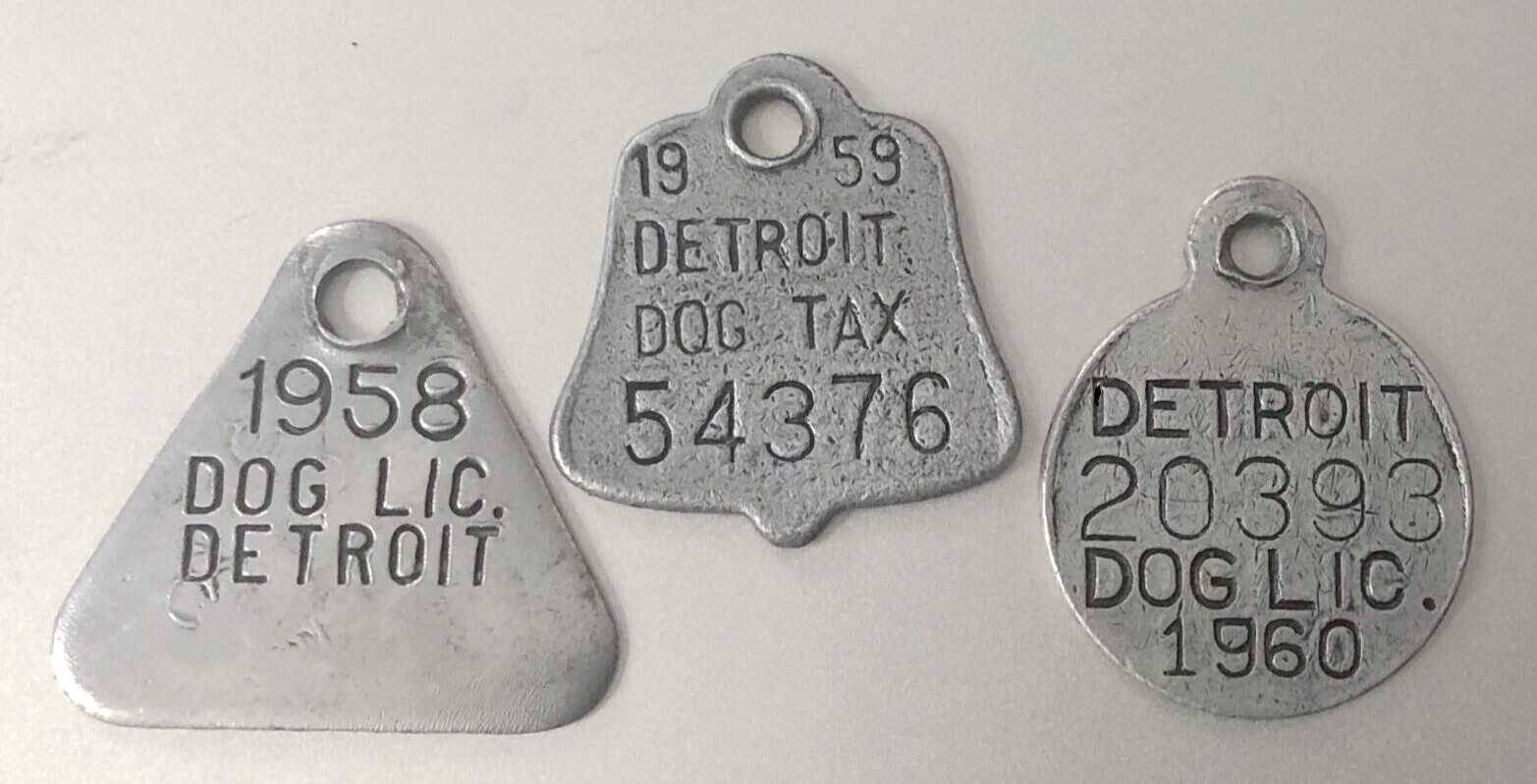 3 Vintage DETROIT DOG LICENSE TAX TAGS; 1958, 1959 & 1960