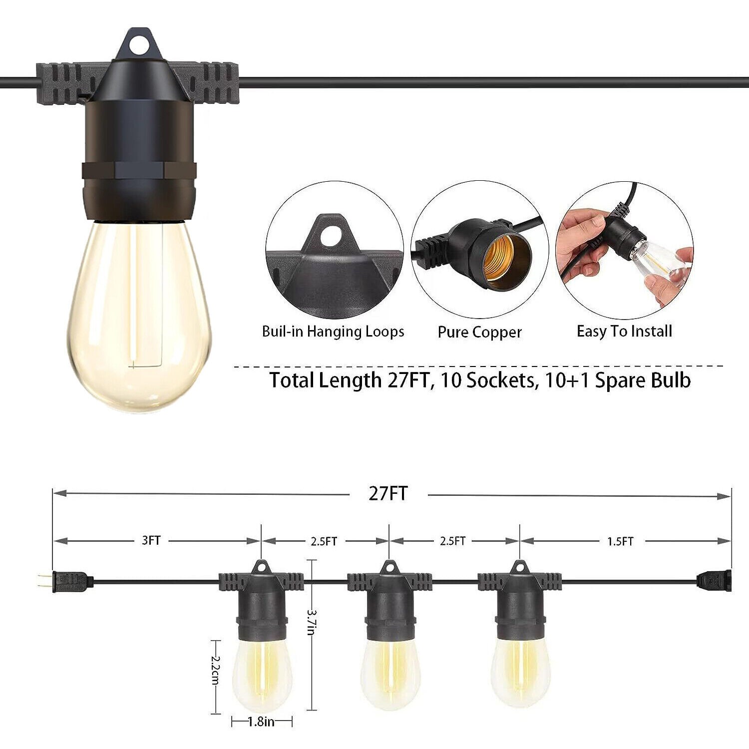 54ft 108ft String Lights S14 LED Shatterproof IP65 for Outdoor Garden Patio Yard