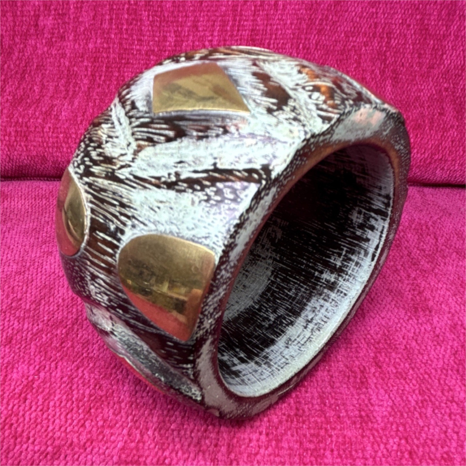 Handcrafted Wood Bangle Bracelet with Gold-Tone Geometric Accents