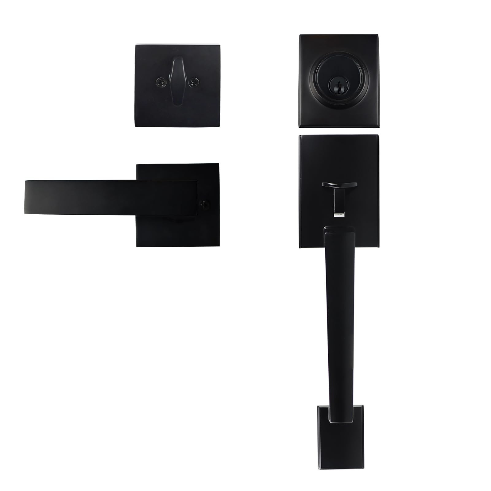Front Door Handle Set with Deadbolt Lever Black, Reversible Exterior Door Loc...