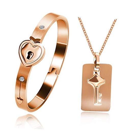 Rose Gold Plated Titanium Matching Puzzle Couple Heart Lock Rose Gold 2.4 inch