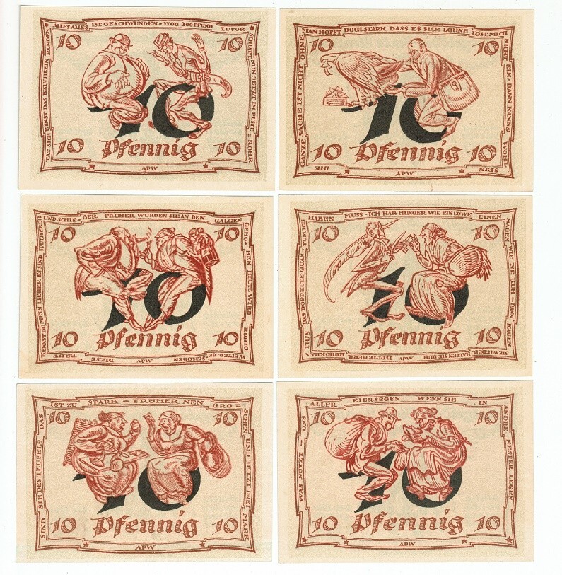 SET OF 6 GERMANY NOTGELD 10 PFENNIG STADT-ARNSTADT 1921 UNC