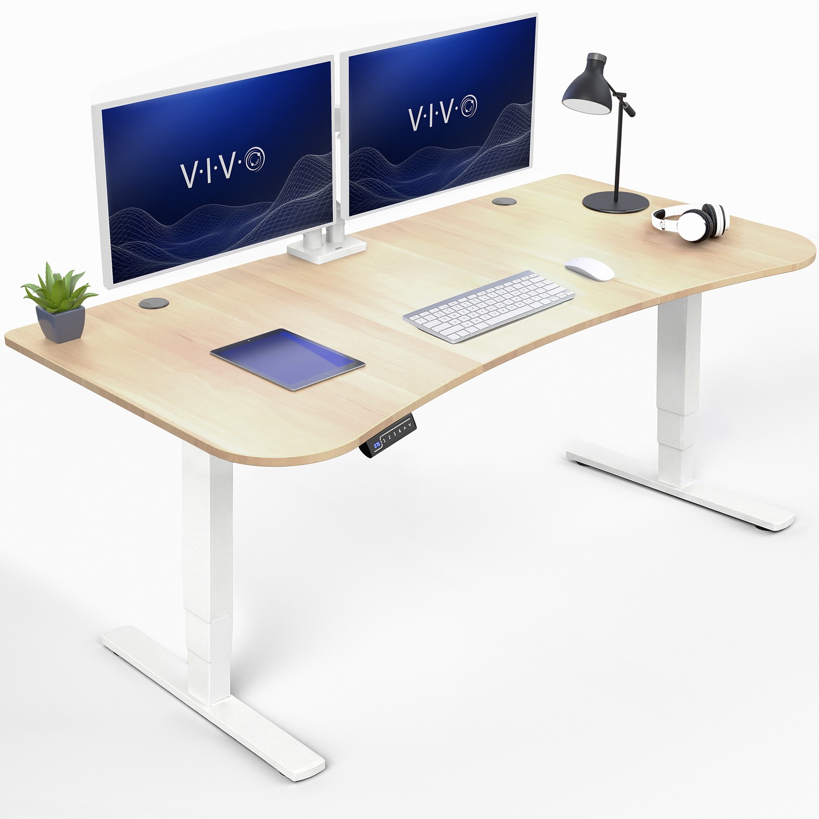 VIVO Light Wood / White Electric Height Adjustable Stand Up Desk Frame with Top