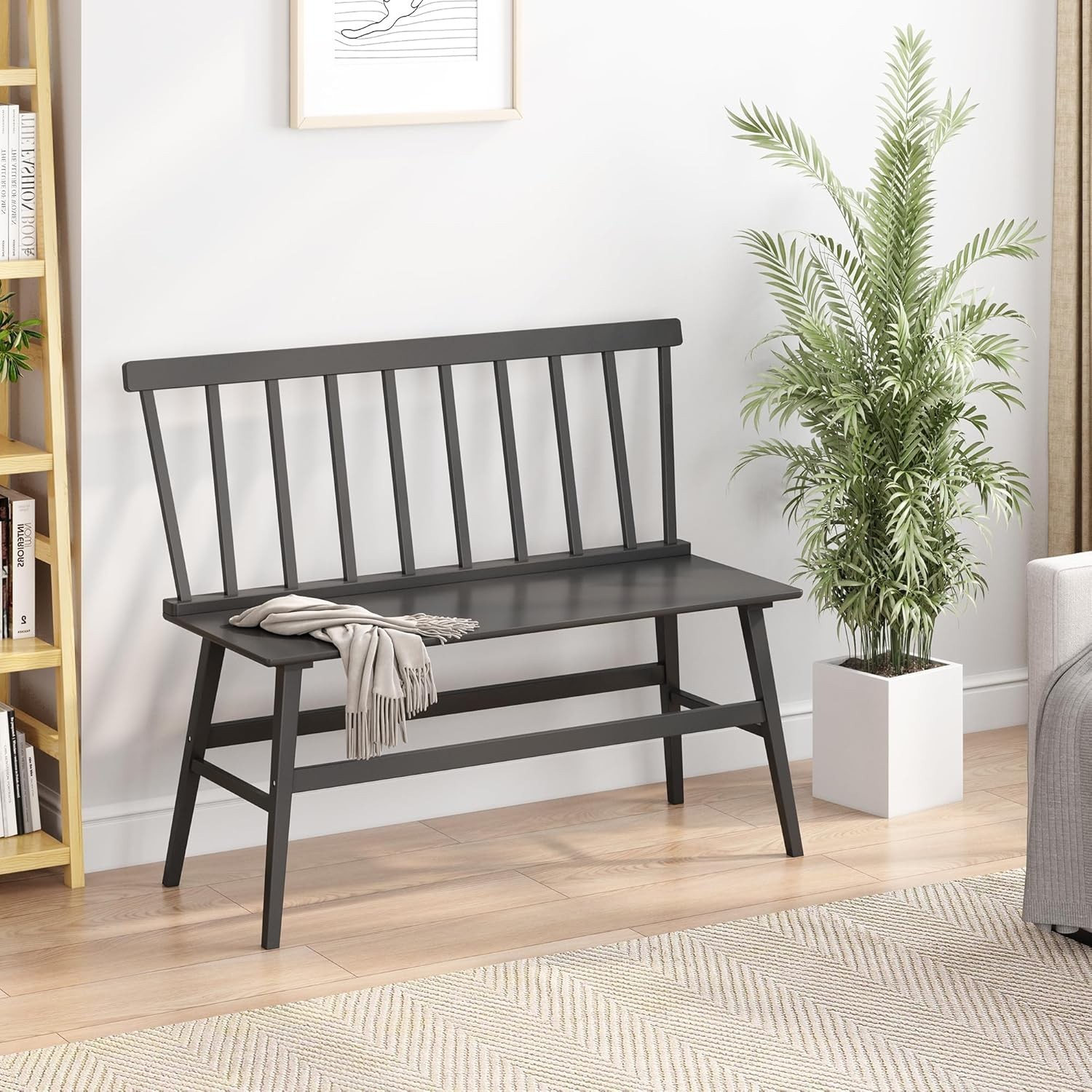 Bamboo Dining Bench Black Entryway Bench W/ Spindle Back Farmhouse Wood Windsor