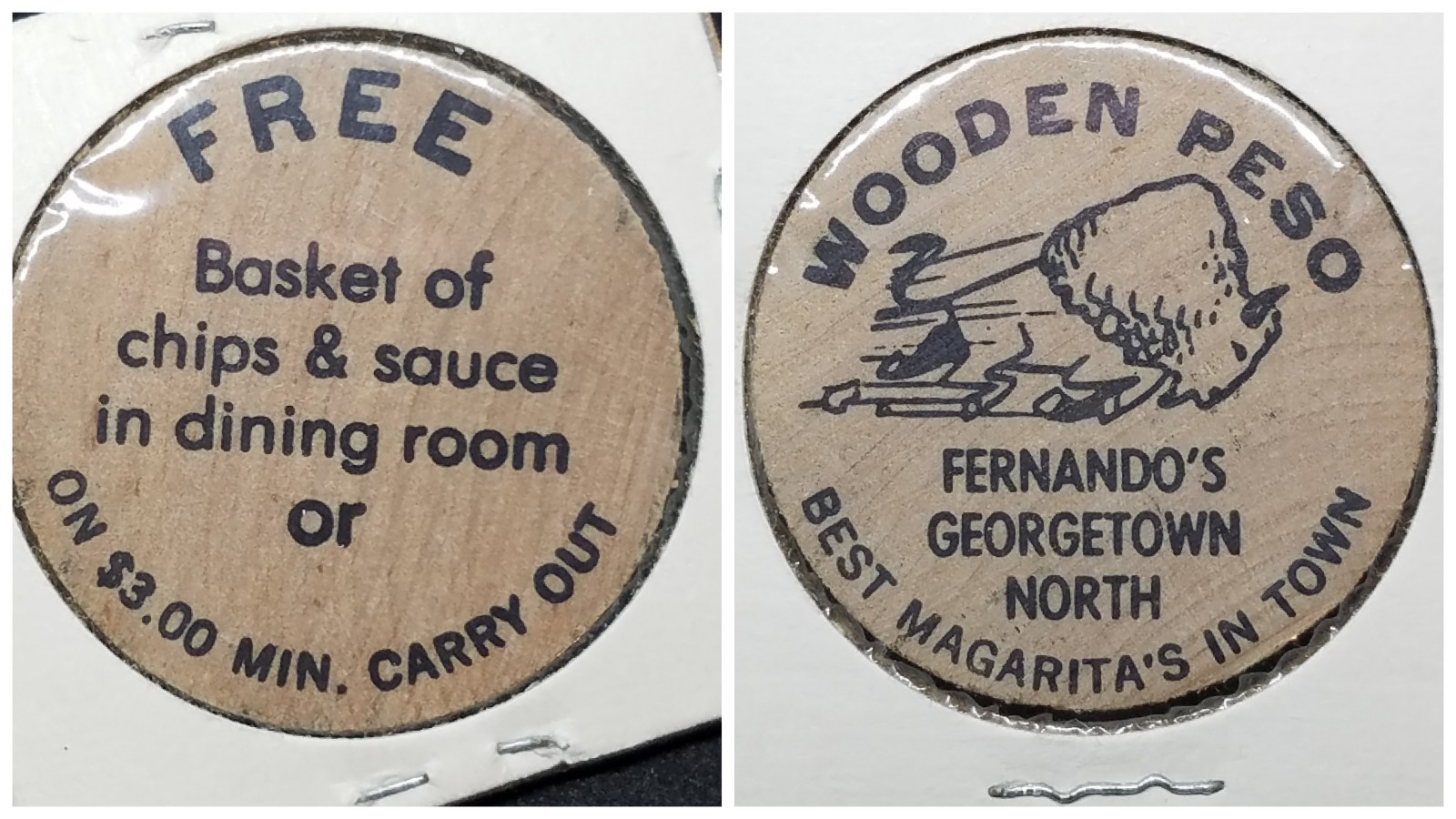 Wooden Nickel ☆ Wooden Peso Fernando's Georgetown☆ Good for free basket of chips