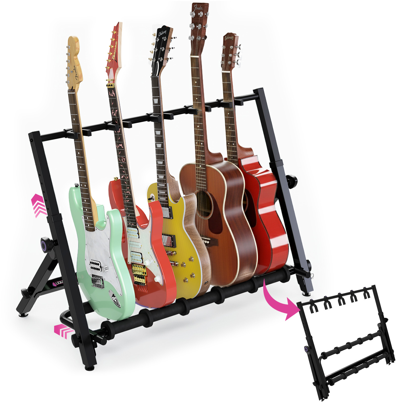 Guitar Stand Rack for 5 Guitars - Foldable Height Design Floor Storage Rack