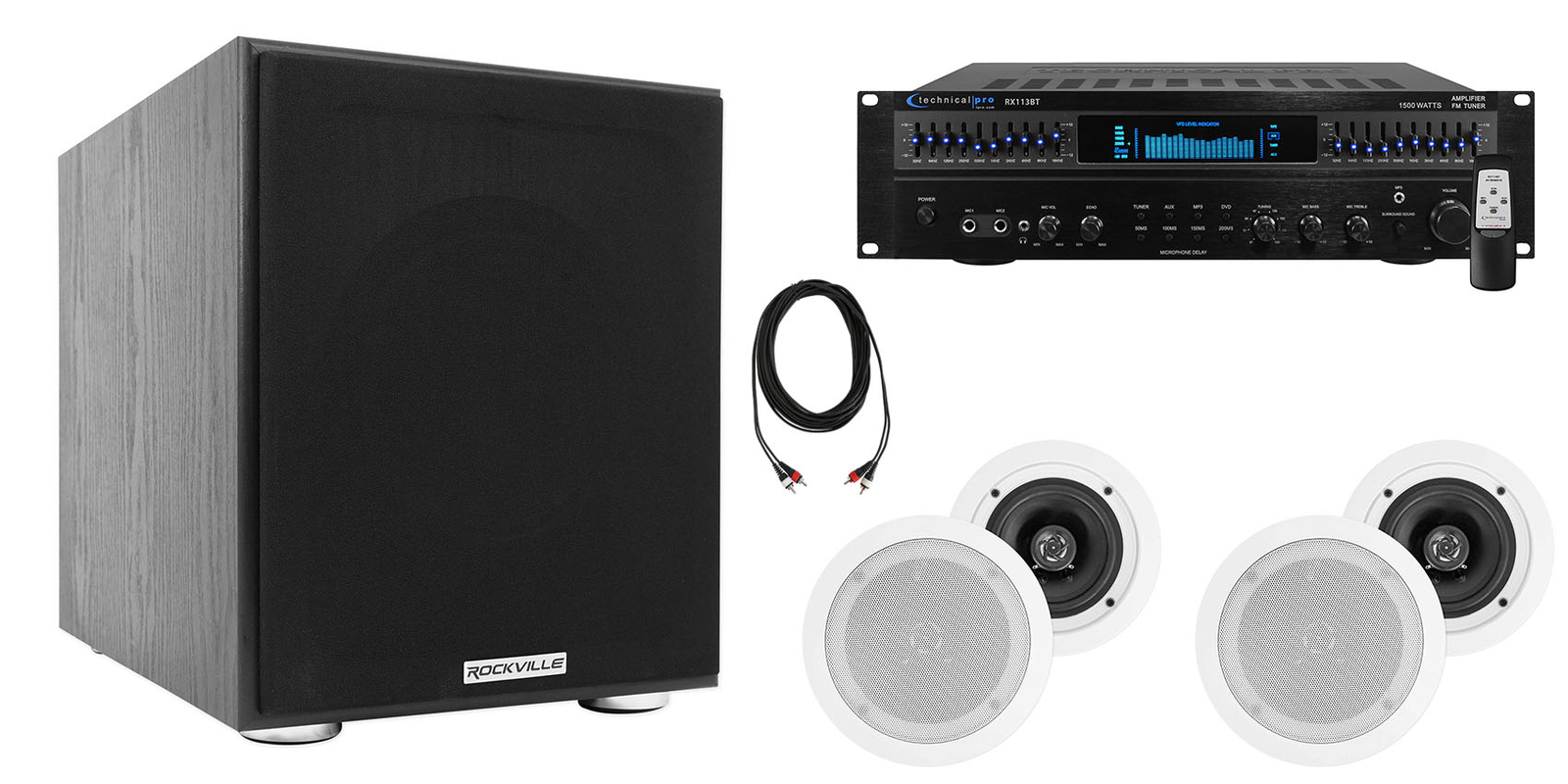 Technical Pro Home Theater Receiver+4) 5.25" White Ceiling Speakers+8" Subwoofer