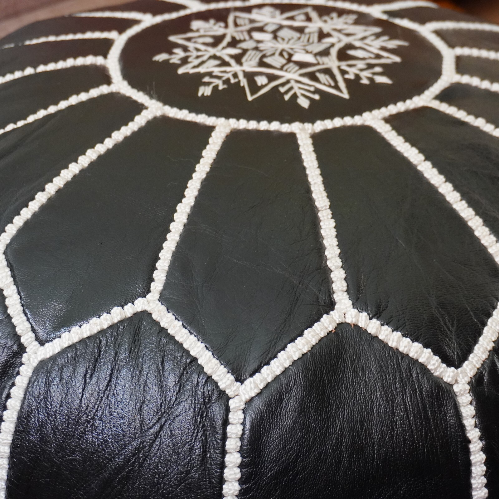 Moroccan Handcrafted Leather Pouf, handmade leather pouf, White and black pouf,