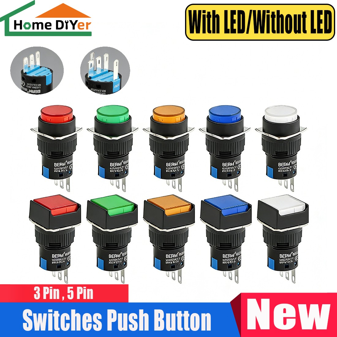 16mm Switches Push Button Switch Momentary Latching White Red Green Blue Yellow
