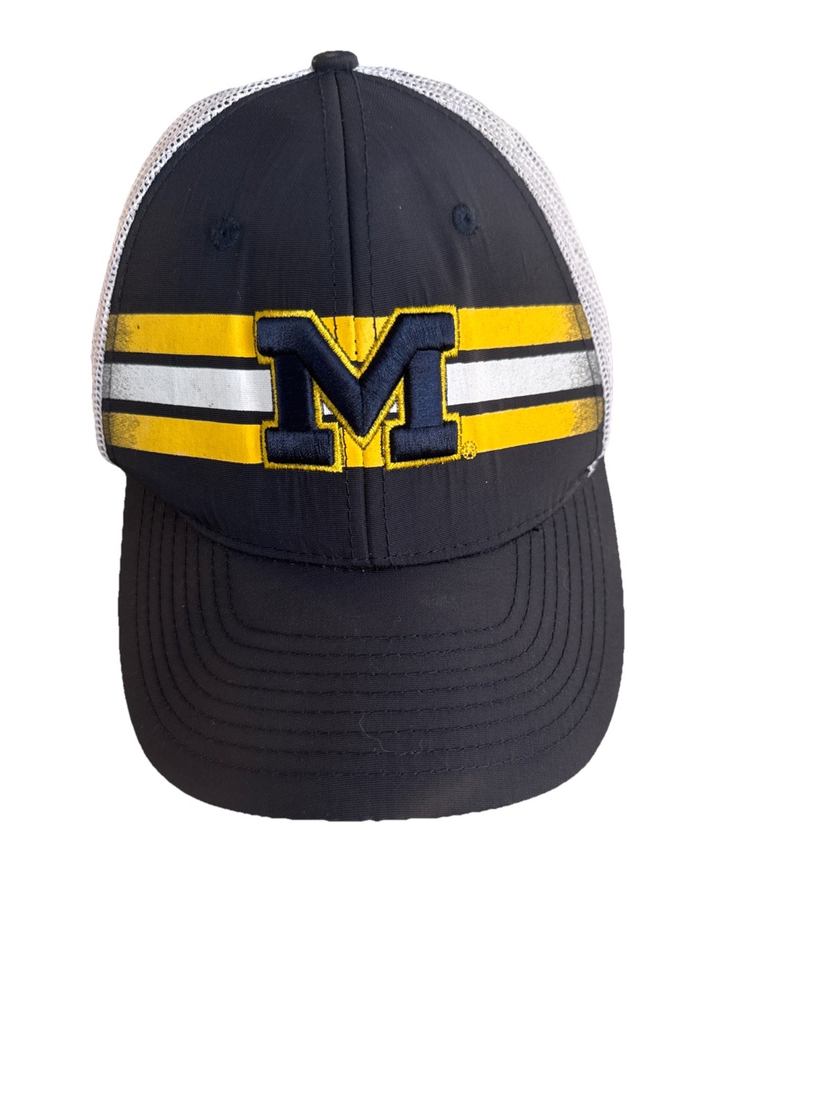 University of Michigan M in Navy on Yellow White Stripes on Navy WhiteHat Cap