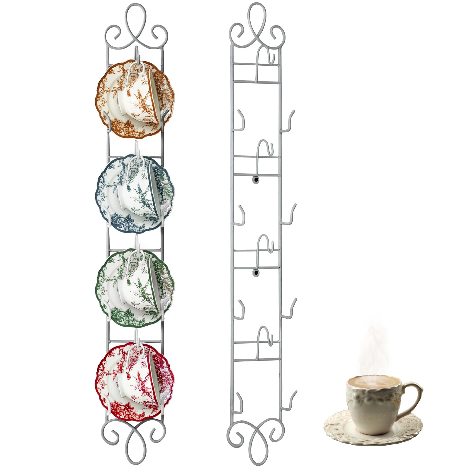 2 Pcs Wall Mounted Tea Cup & Saucer Display Rack, 4-tier Metal Mug Holder wit...