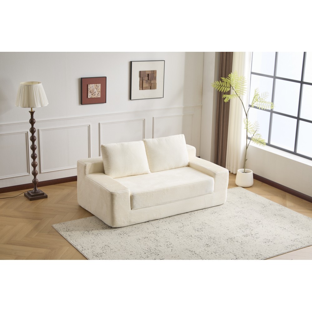 Modern Loveseat Sofa Bed w/Reversible Cushion & Pillows, White Corduroy