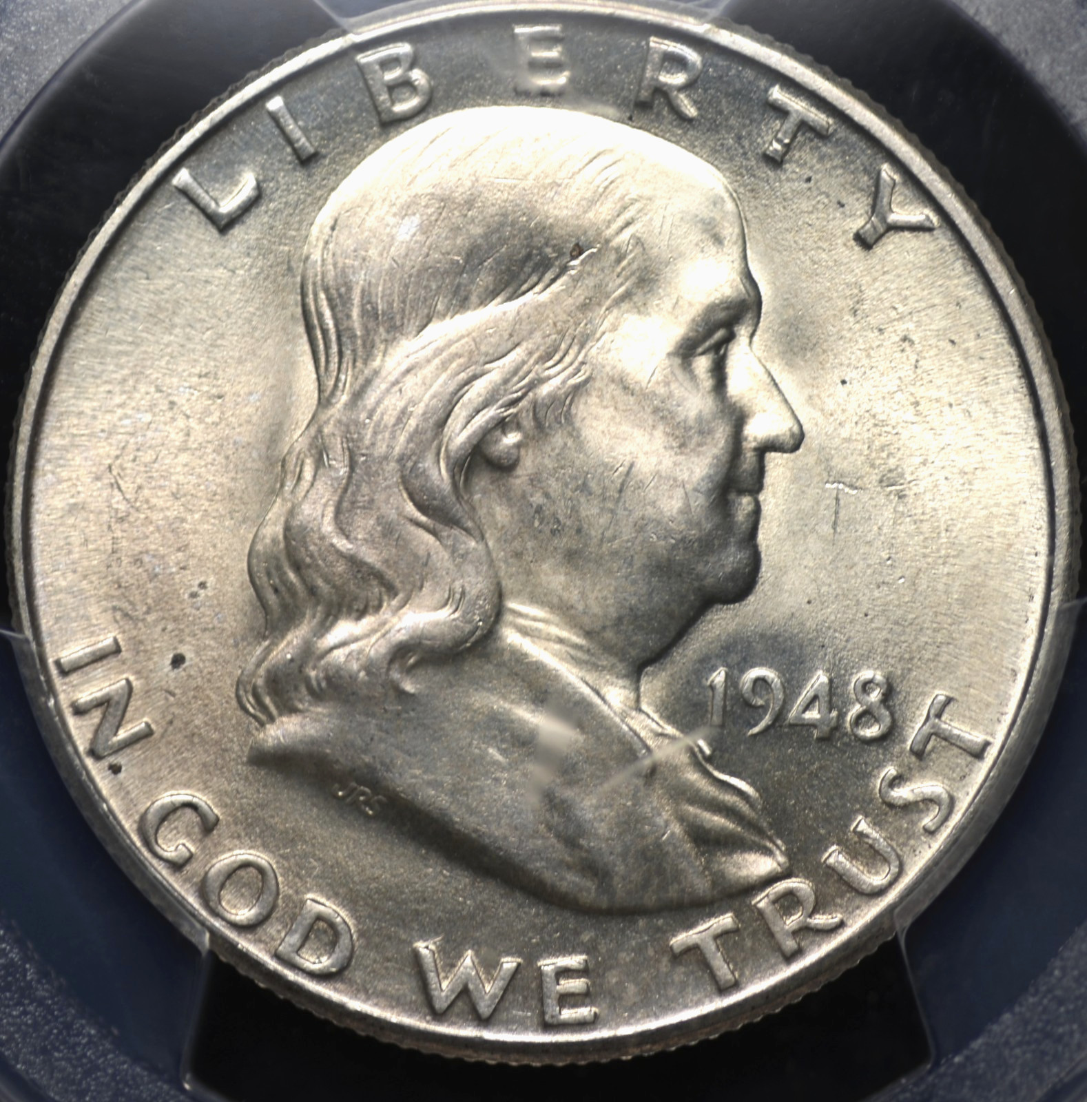 1948 D FRANKLIN HALF DOLLAR PCGS MS 64 FULL BELL LINES FAINTLY AMBER SOFT SILVER