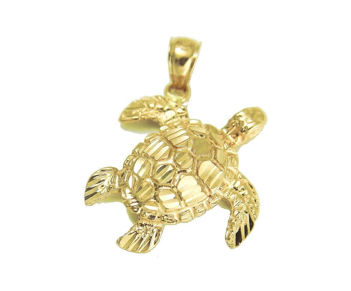 14K SOLID YELLOW GOLD SPARKLY DIAMOND CUT HAWAIIAN SEA TURTLE HONU PENDANT MED.