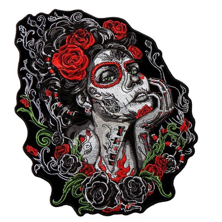 Sugar Skull roses JACKET VEST BACK Embroidered PATCH [10 INCH -IRON ON SEW ON]