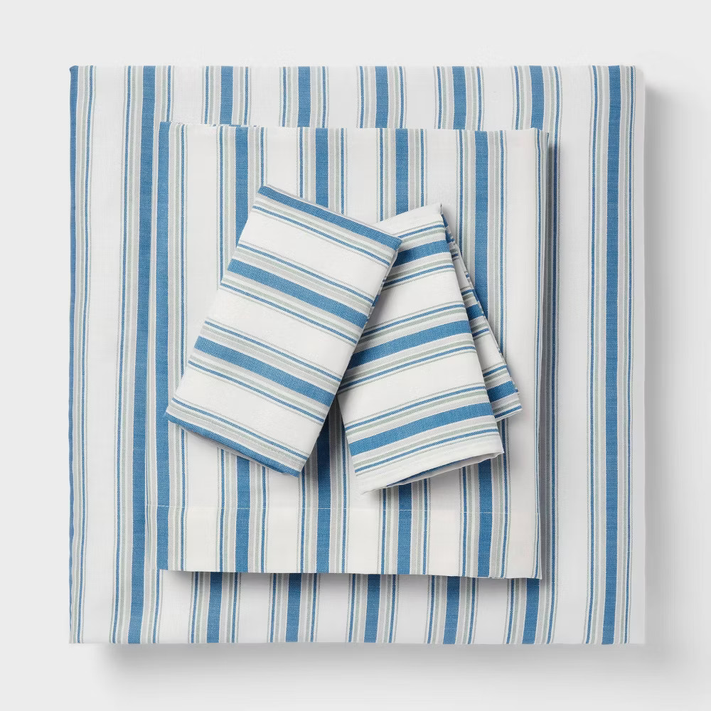 Full Cotton Blend Sateen Sheet Set Blue/Green Textured Stripe - Room Essentials
