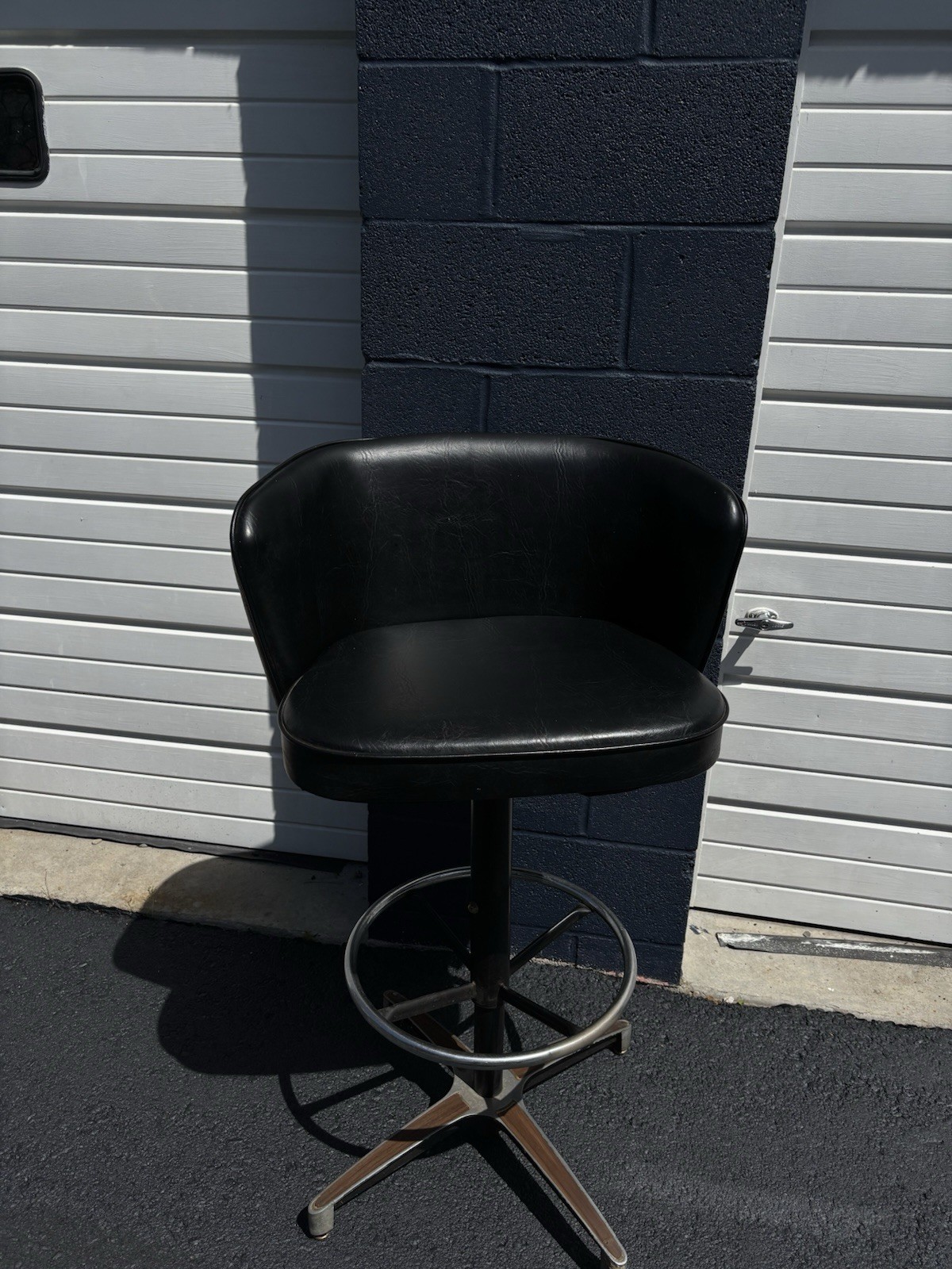 Mid-Century Modern Swivel Barstool Black Faux Leather Wood Metal Backrest