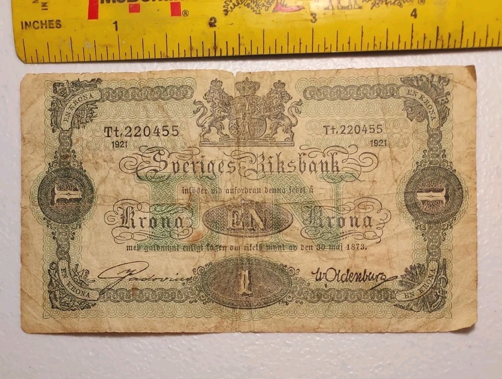 1921 Sweden 1 Krona Note; Pick 32h *Vintage Circulated*
