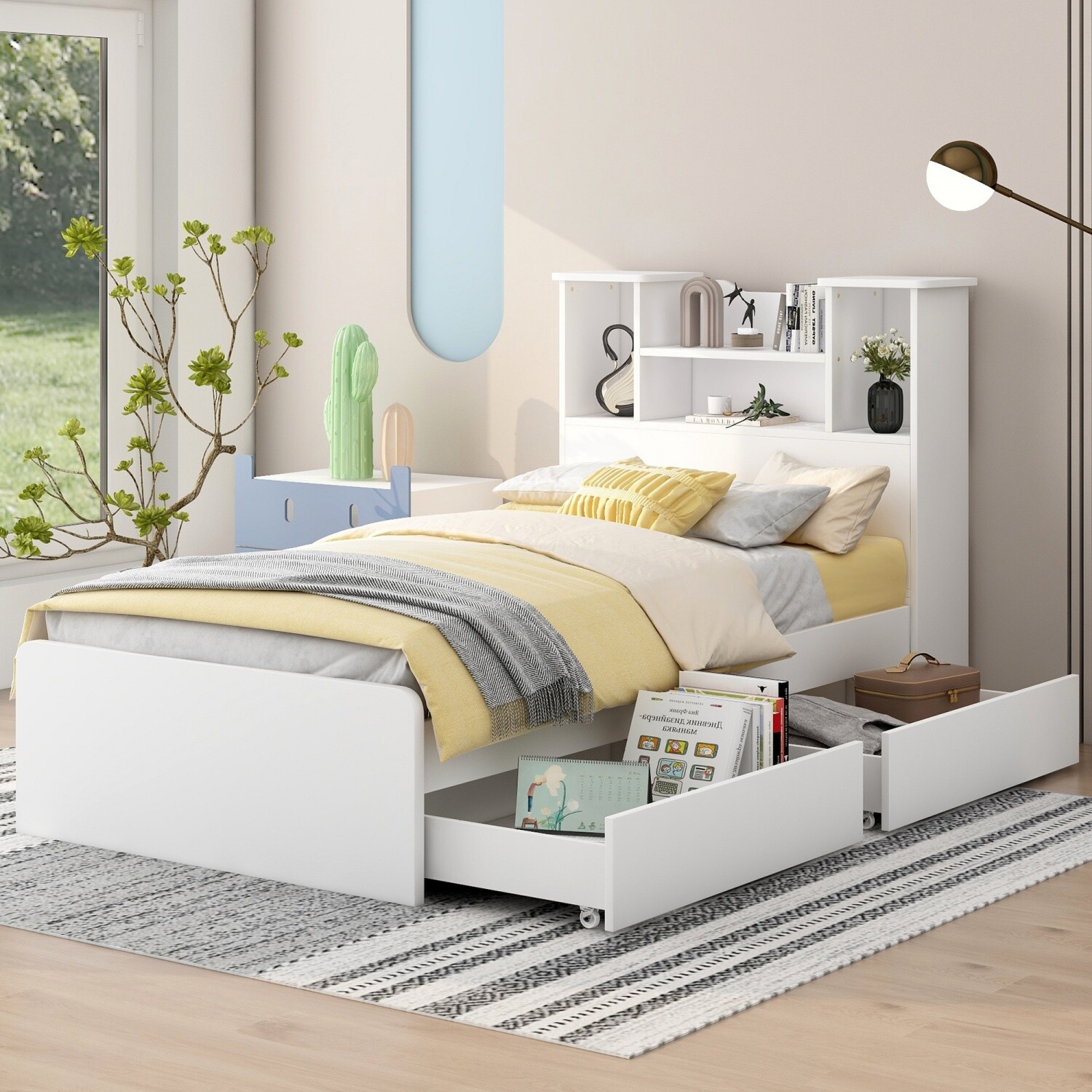 Twin Size Bed Frame Wood Platform Bed with Storage Shelves & Drawer & LED Light