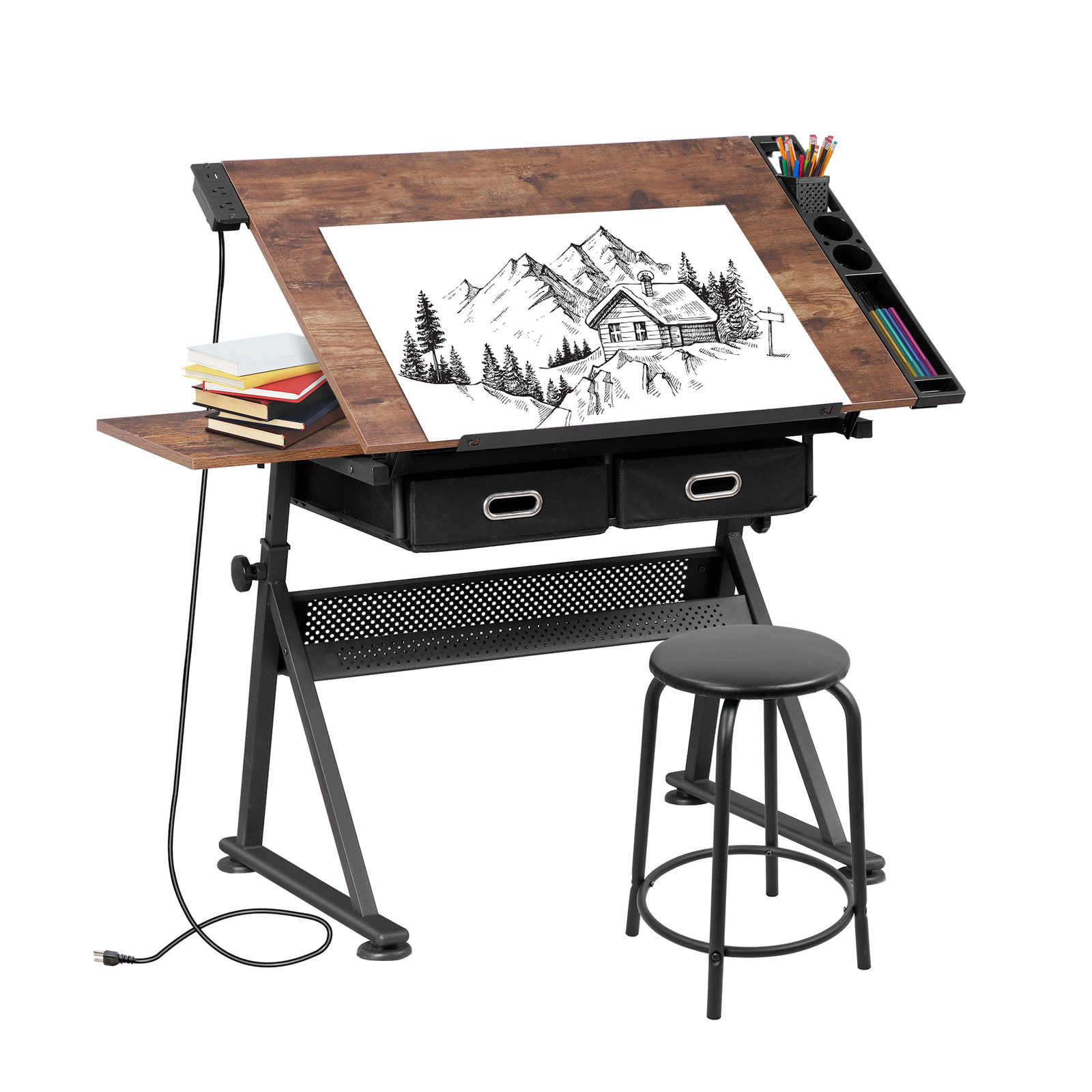 Adjustable Drawing Writing Table Stool w/ 2 Drawers for Artwork Art Desk Retro