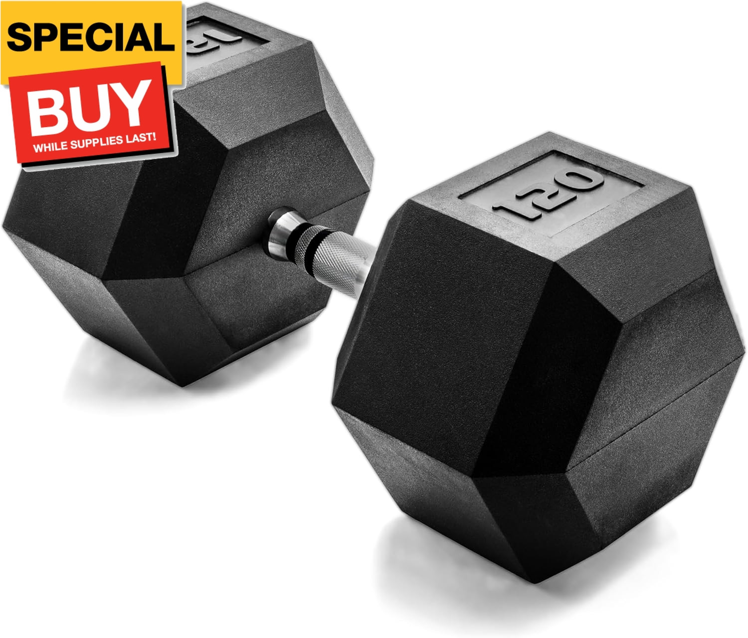 120 LB Rubber Coated Hex Dumbbell Hand Weight - Single | Chrome Handle