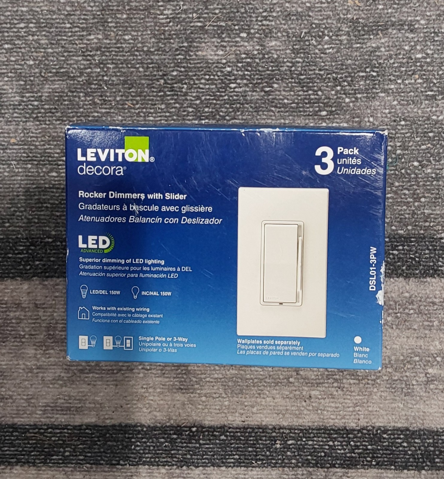 Leviton Decora DSL01-3PW 3 Pack LED Rocker Dimmers with Slider White NEW G1