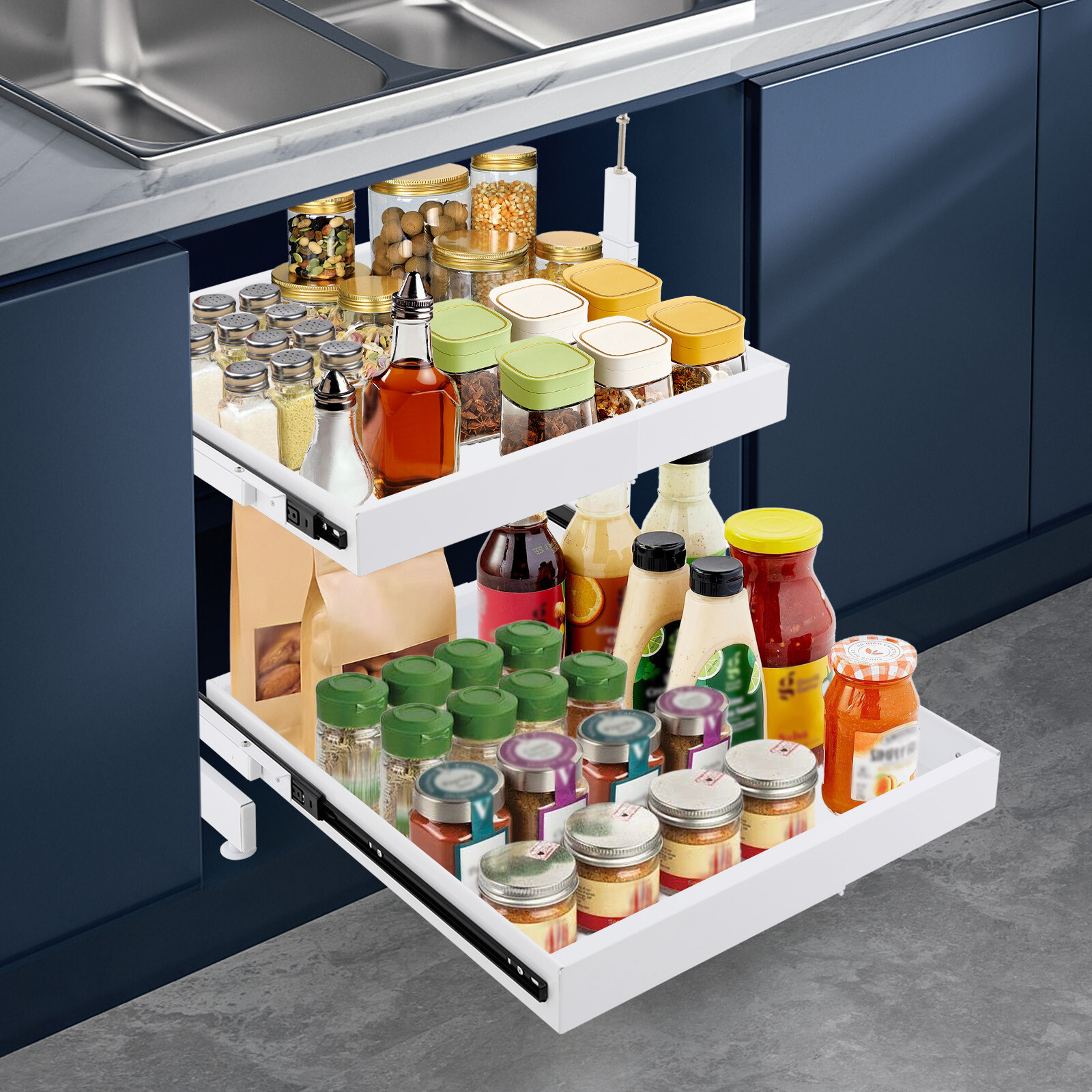 2-Tier Expandable Pull-out Cabinet Slide Out Organizer Drawers for Cabinet White