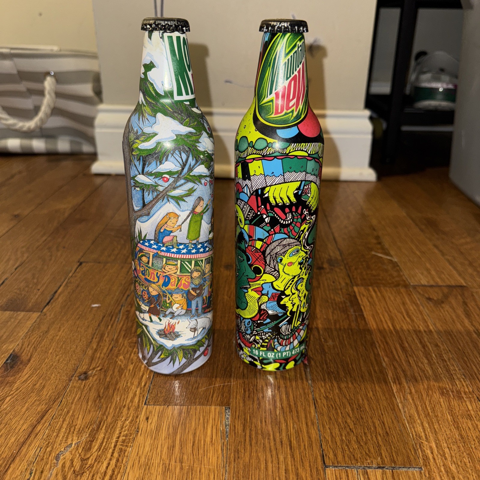 2 Vntg Mountain Dew Green Label Art 16 Oz Aluminum Bottles Sealed Collectibles