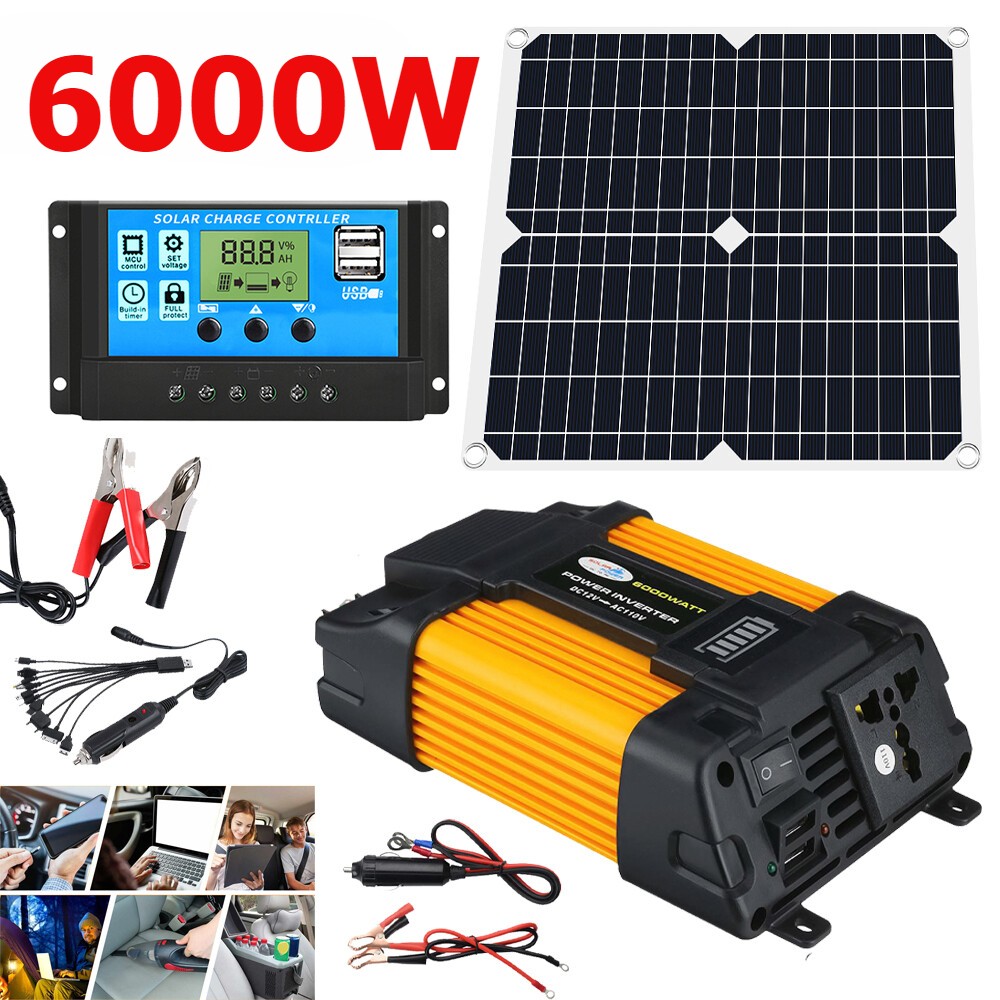 6000W Peak Car Power Inverter Solar Panel Kit 100A Controller 12V DC to 110V AC