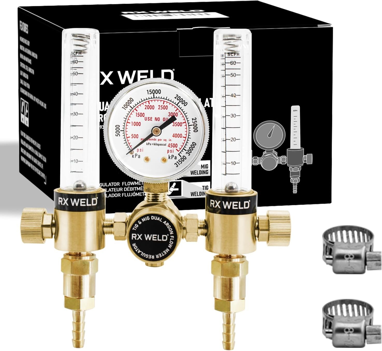 RX WELD Dual Output Argon Regulator Flow Meter Mig Tig 0-60CFH Brass Colour