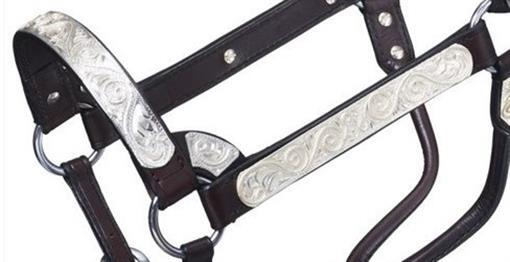 Silver Show Halter-Dark Oil Leather-Rope Design Horse Size-Matching Lead Shank