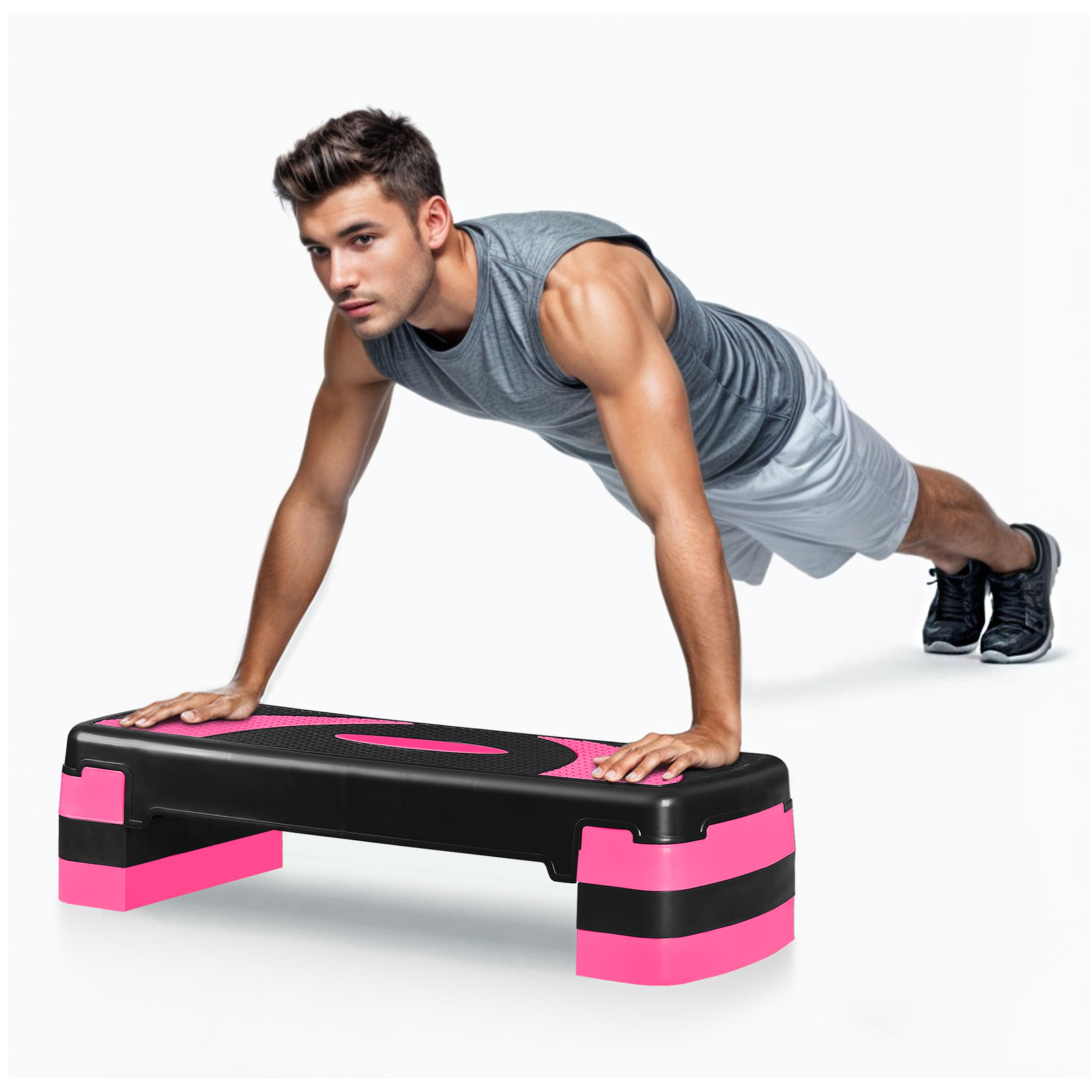 Adjustable Aerobic Stepper Workout Step with 4 Risers Exercise Platform Pink