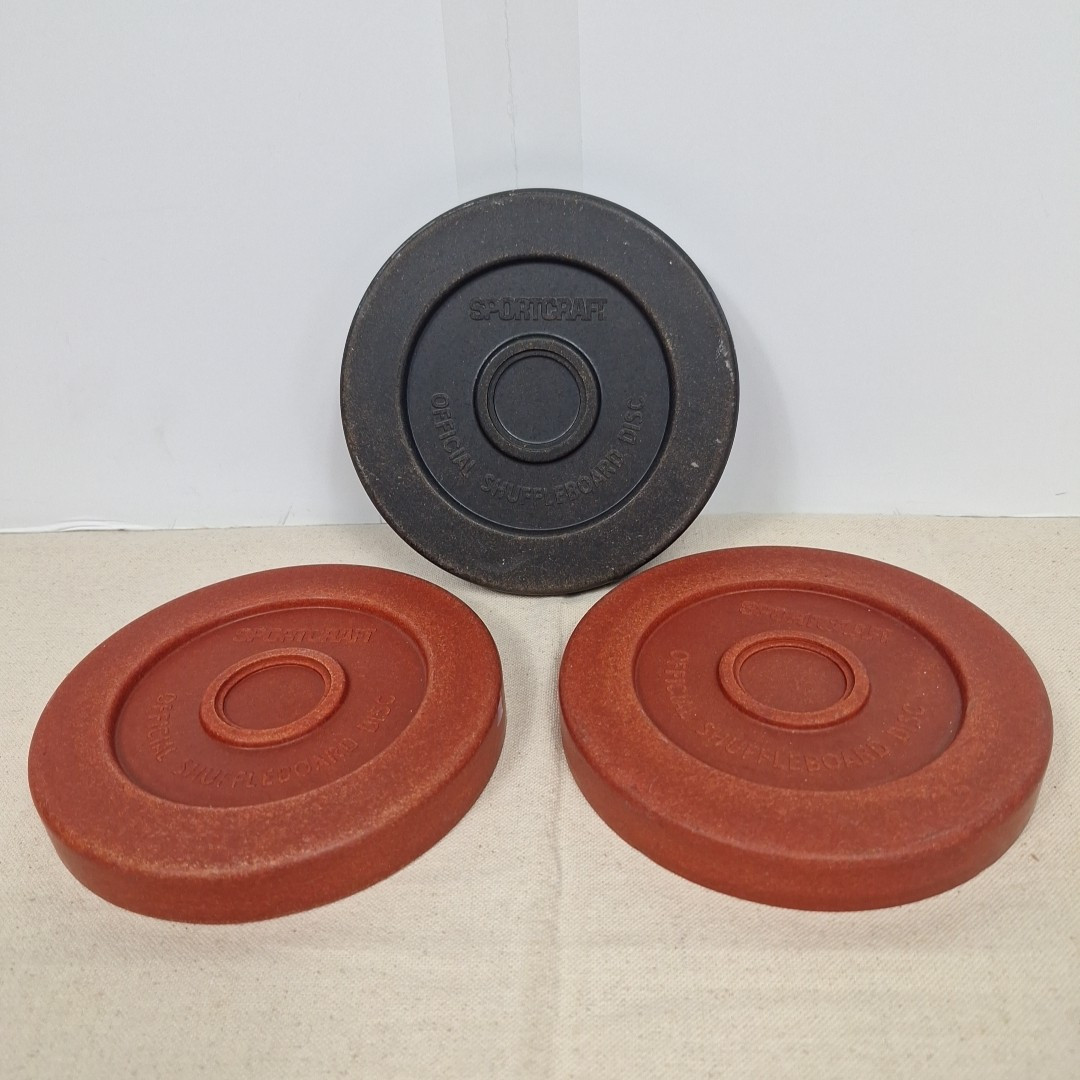 Lot of 3 Vintage 6" Sportcraft Official Shuffleboard Discs 2 Red/1 Black