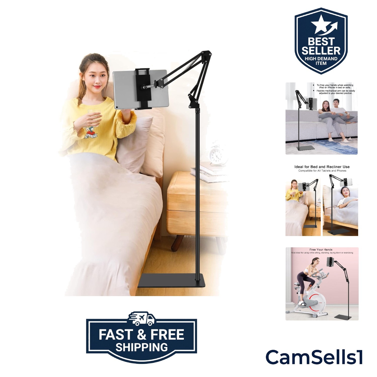 Tablet Floor Stand, Adjustable Universal 360-degree Rotatable Metal Tablet Ho...