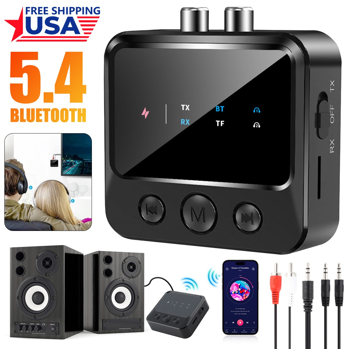 Bluetooth 5.4 Stereo Audio Receiver Transmitter AUX USB HD Music to RCA Adapter~
