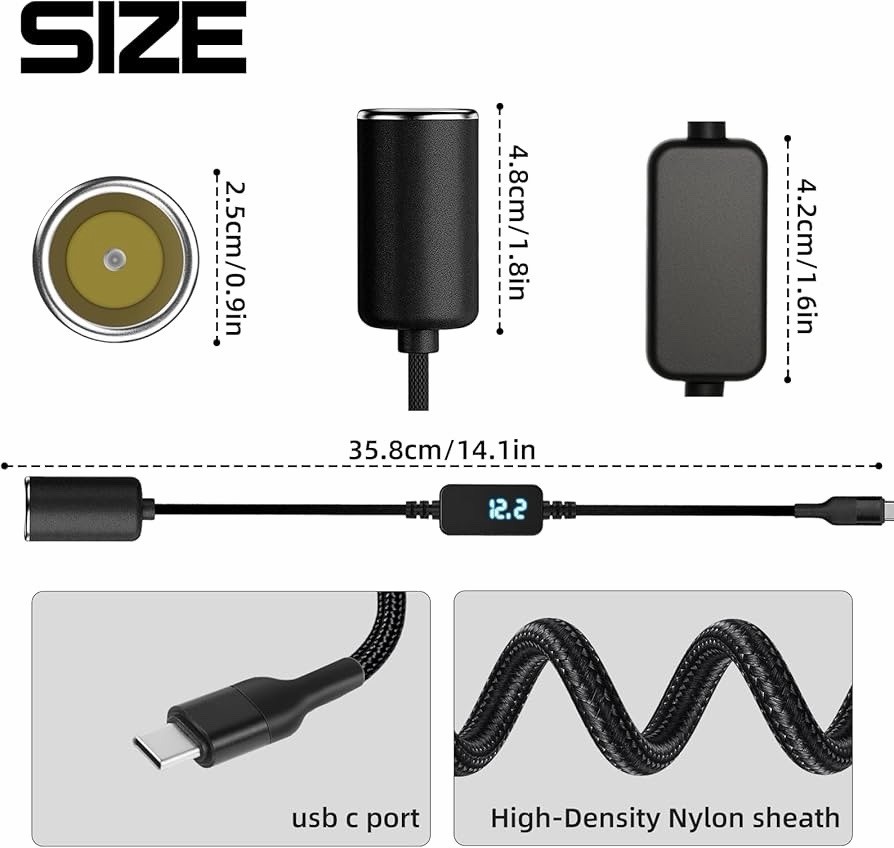 2 Pack 2套USB C Male to 12V Cigarette Lighter Socket Adapter 12V 18W Power Cable