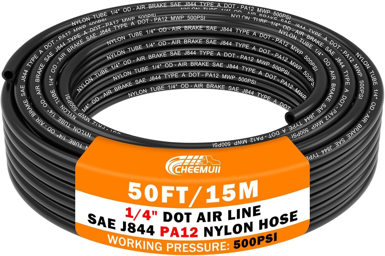 CheeMuii 50 FT 1/4 Pneumatic Tubing 1/4" PA12 Nylon DOT Air 1/4OD-50FT, Black