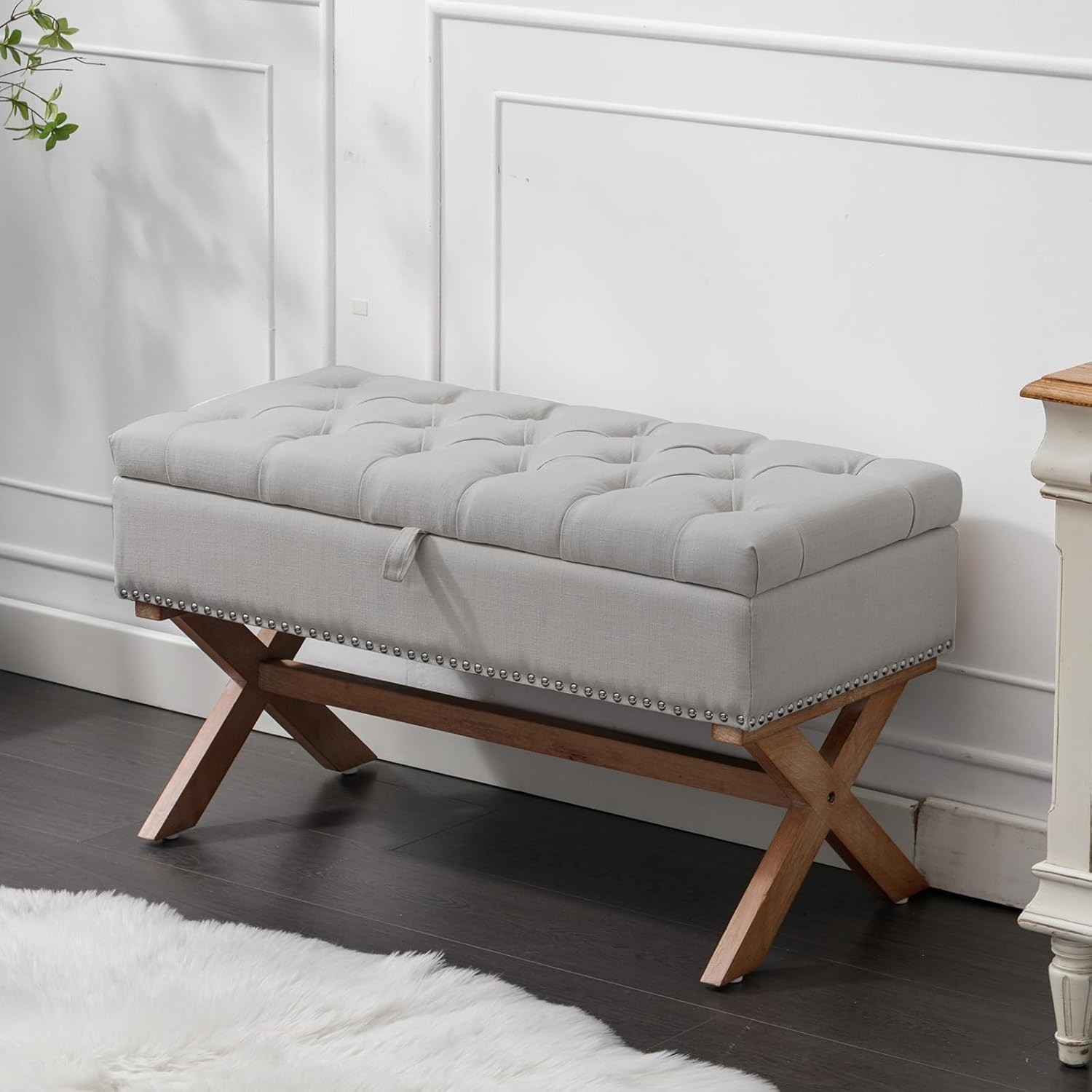 French Linen Fabric Storage Bench for Bedroom Dining Living Room Entryway
