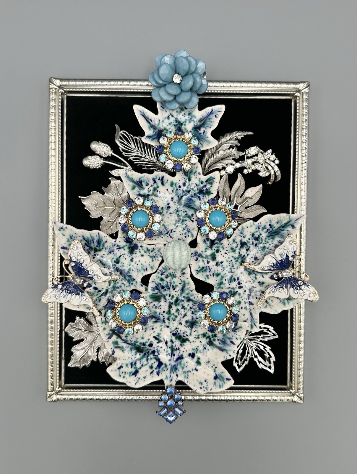 Jewelry & Ceramic Framed Artwork 8x10” Blue & Silver Wall/Tabletop Display OOAK