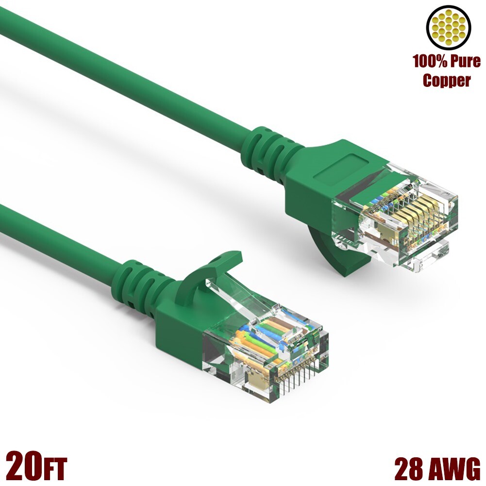 20FT Cat6A RJ45 Slim Ethernet LAN Network Cable UTP Gold 28AWG Copper Wire Green
