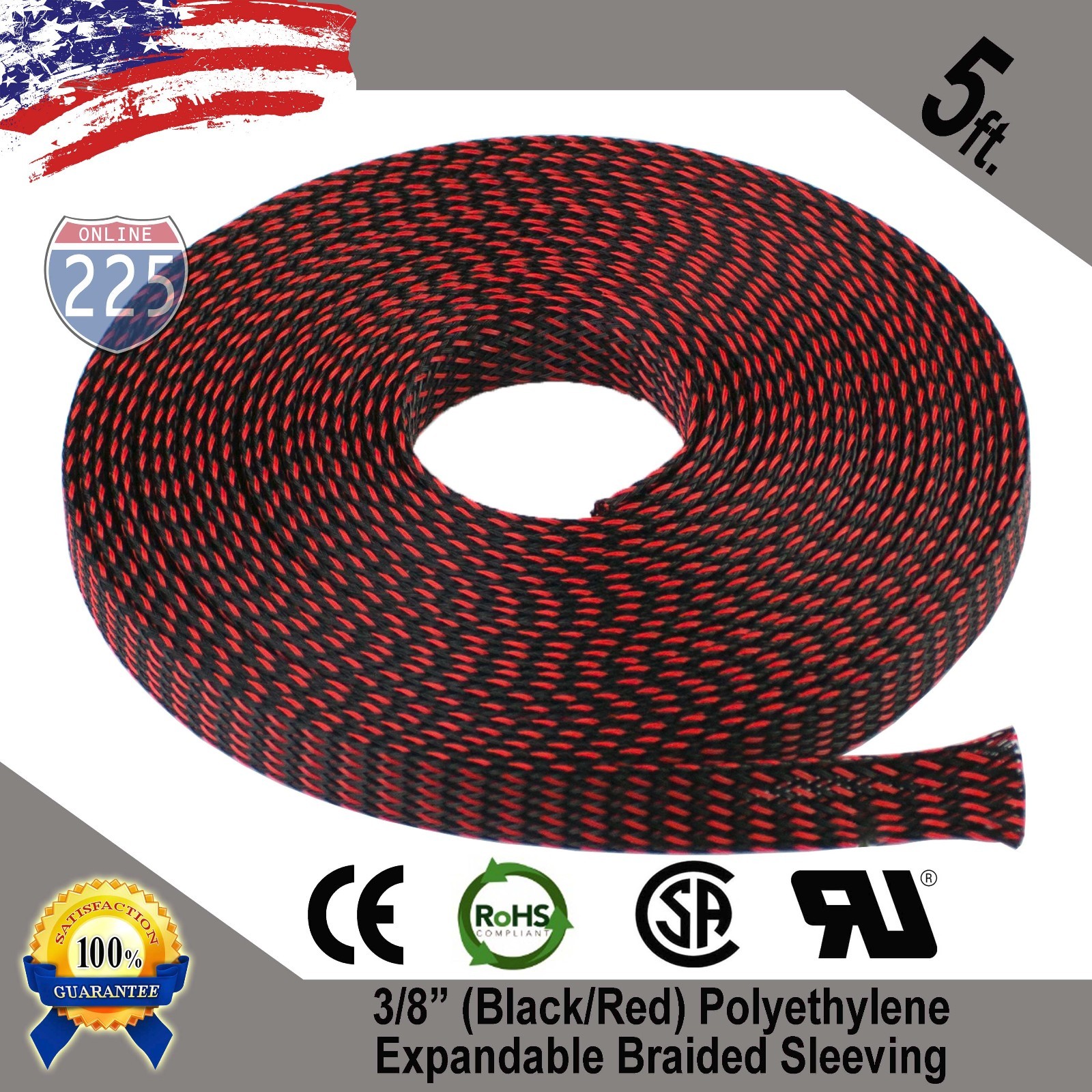 5 FT 3/8" Black & Red Expandable Wire Sleeving Sheathing Braided Loom Tubing US
