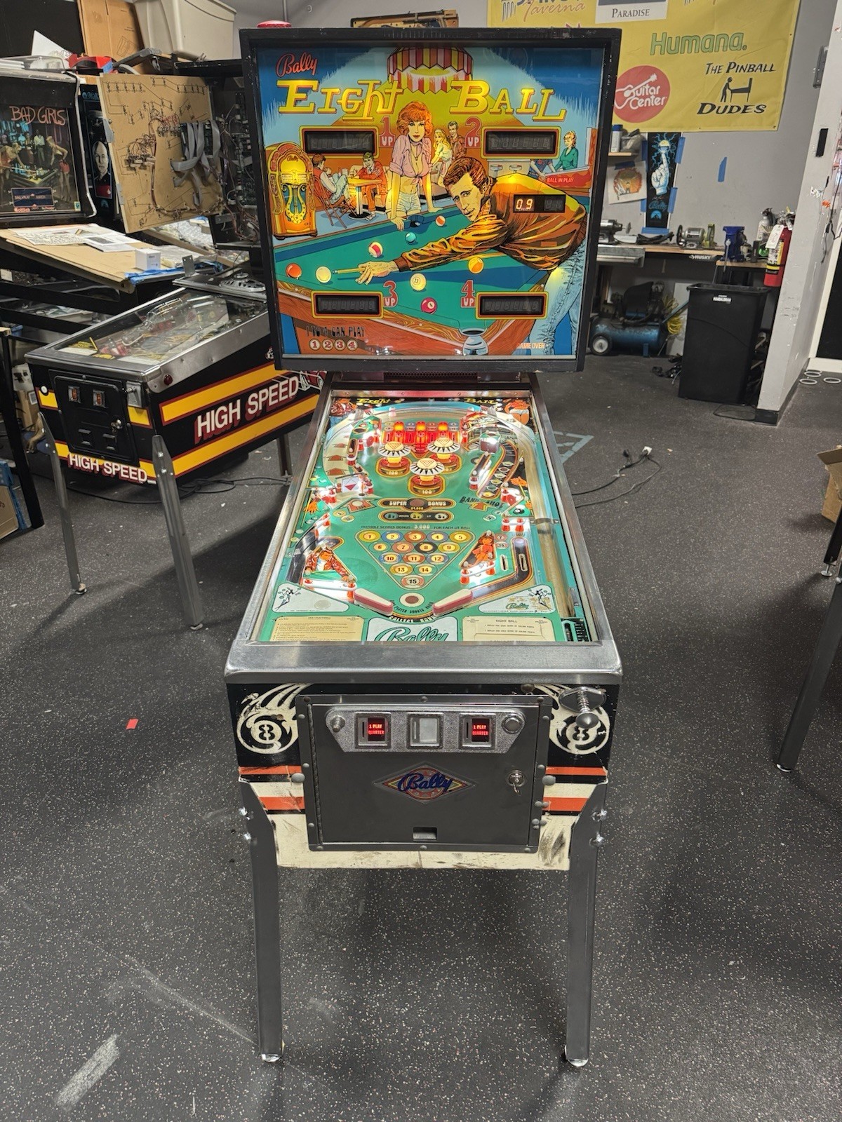 1977 BALLY EIGHT BALL 8 PINBALL MACHINE PROF TECHS PLAYS GREAT FONZIE HAPPY DAYS