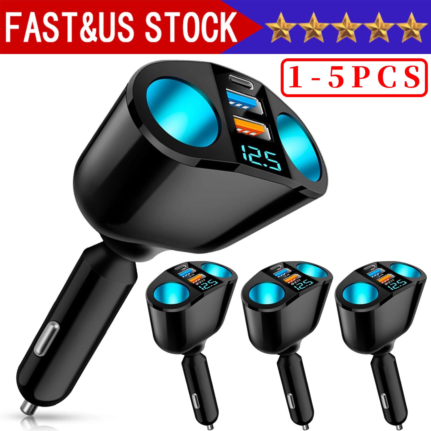 Outlet 12V Dual USB Car Cigarette Lighter Socket Splitter Power Adapter Charger