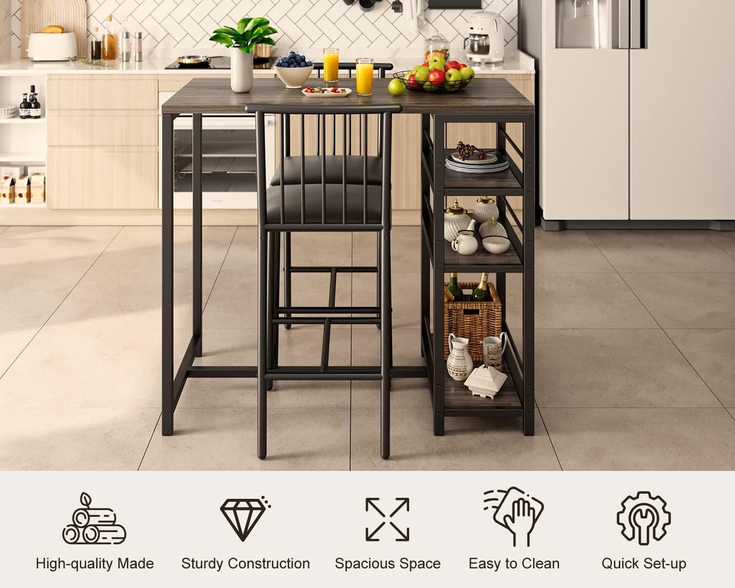 3-Piece Bar Dining Table Set 2 Kitchen Table w/Shelves Grey Space-saving grey