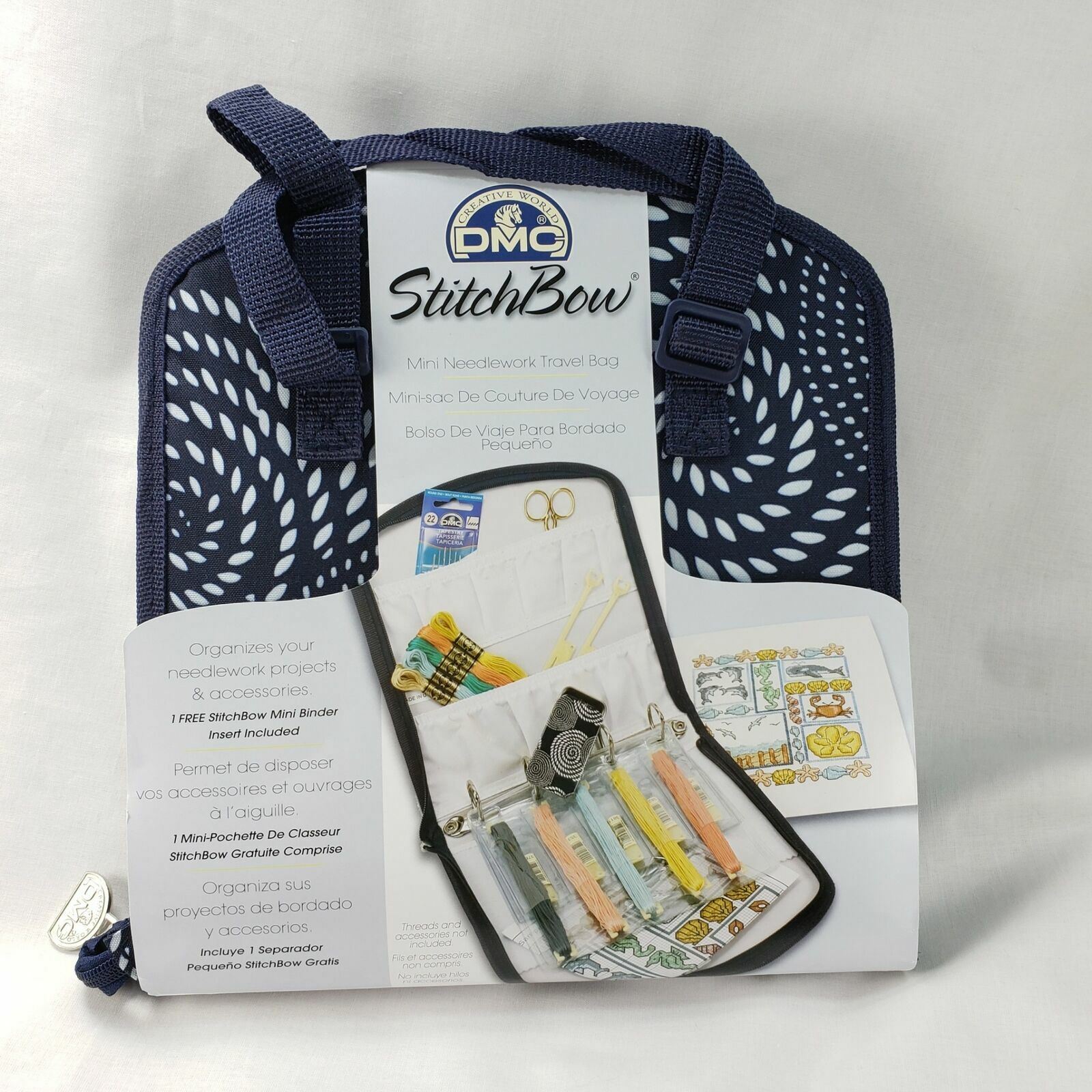 DMC Stitchbow Needlework Organizer Travel Bag Dark Navy White Print New