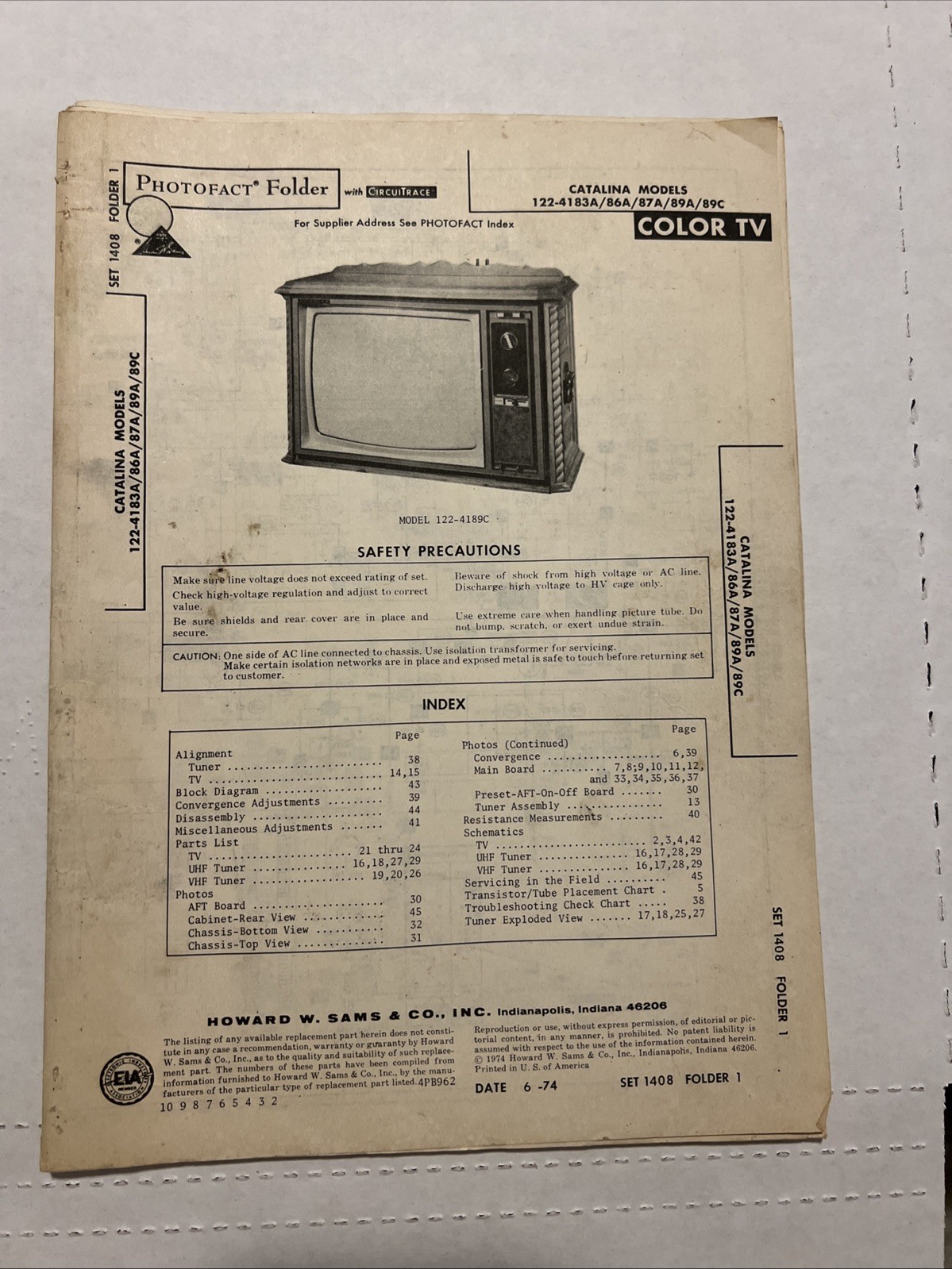 Vintage Sams Photofact Schematic 6-1974 CATALINA MODEL 122-4183A/ 86A/ 87A/ 89A/